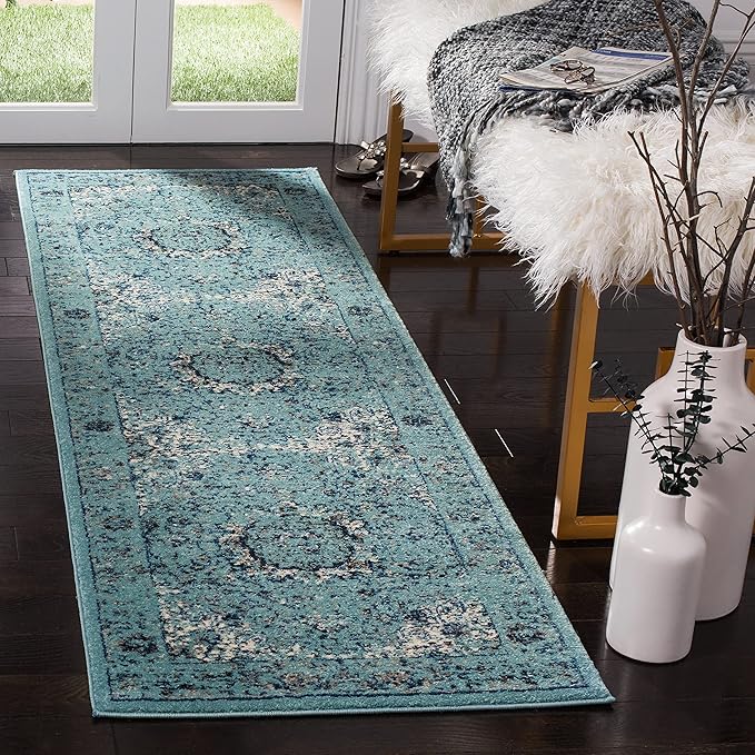 SAFAVIEH Evoke Collection Runner Rug - 2'2" x 11', Light Blue, Shabby Chic Oriental Medallion Design, Non-Shedding & Easy to Clean, Ideal for Hallway, Foyer, Kitchen, Entryway, Bedroom (EVK220E)