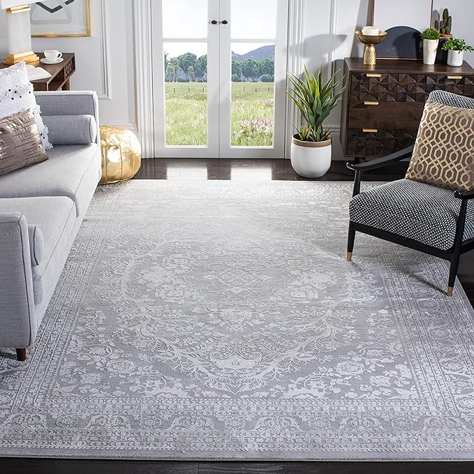 SAFAVIEH Area Rug 8x10 - Reflection Collection - Large - Light Grey & Cream, Non-Shedding & Easy Cleaning, Ideal for Living Room, Bedroom, Dining Space (RFT668G)