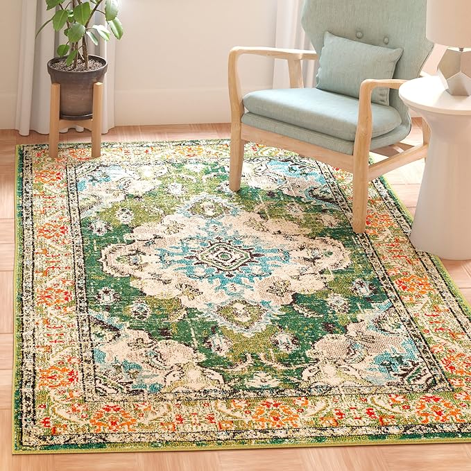 SAFAVIEH Monaco Collection Area Rug - 6'7" x 9'2", Forest Green & Light Blue, Non-Shedding & Easy to Clean, Distressed Medallion Design, Ideal for Living Room, Bedroom, Dining Space (MNC243F)