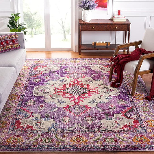 SAFAVIEH Monaco Collection Area Rug - 3' x 5', Violet & Fuchsia, Non-Shedding & Easy to Clean, Distressed Medallion Design, Ideal for Living Room, Bedroom, Dining Space (MNC243P)