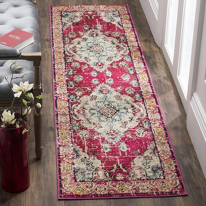 SAFAVIEH Monaco Collection Runner Rug - 2'2" x 10', Pink & Multi, Non-Shedding & Easy to Clean, Distressed Medallion Design, Ideal for Hallway, Foyer, Entryway, Kitchen, Bedroom (MNC243D)