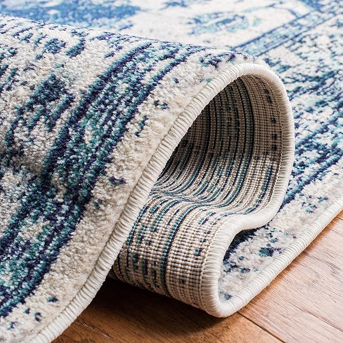 SAFAVIEH Monaco Collection Runner Rug - 2'2" x 13', Ivory & Blue, Non-Shedding & Easy to Clean, Distressed Medallion Design, Ideal for Hallway, Kitchen Foyer, Entryway (MNC243A)