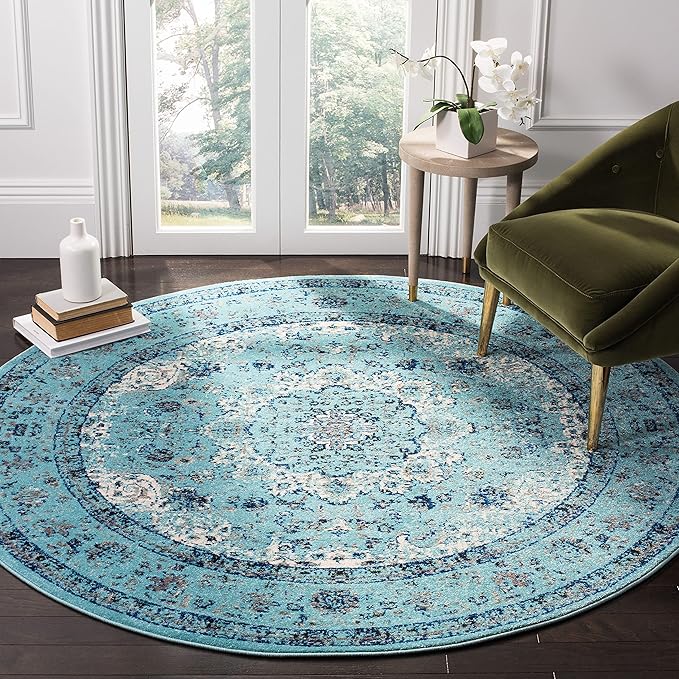 SAFAVIEH Evoke Collection Area Rug - 5'1" Round, Light Blue, Shabby Chic Oriental Medallion Design, Non-Shedding & Easy to Clean, Ideal for Living Room, Bedroom, Dining Space (EVK220E)