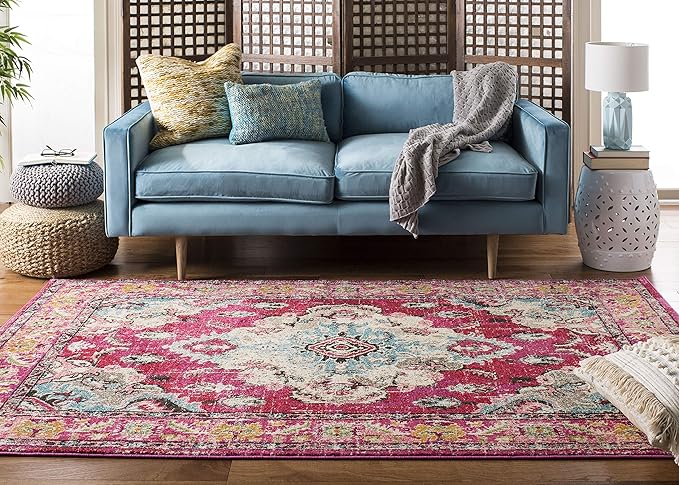 SAFAVIEH Monaco Collection Area Rug - 10' x 14', Pink & Multi, Non-Shedding & Easy to Clean, Distressed Medallion Design, Ideal for Living Room, Bedroom, Dining Space (MNC243D)