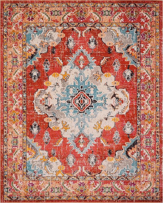 SAFAVIEH Monaco Collection Area Rug - 12' x 18', Orange & Light Blue, Non-Shedding & Easy to Clean, Distressed Medallion Design, Ideal for Living Room, Bedroom, Dining Space (MNC243H)