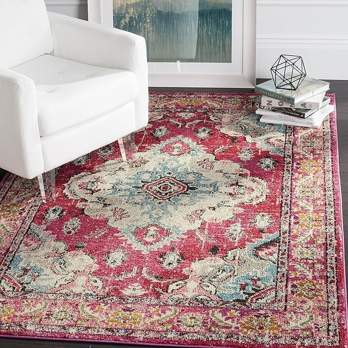 SAFAVIEH Monaco Collection Area Rug - 4' x 5'7", Pink & Multi, Non-Shedding & Easy to Clean, Distressed Medallion Design, Ideal for Living Room, Bedroom, Dining Space (MNC243D)