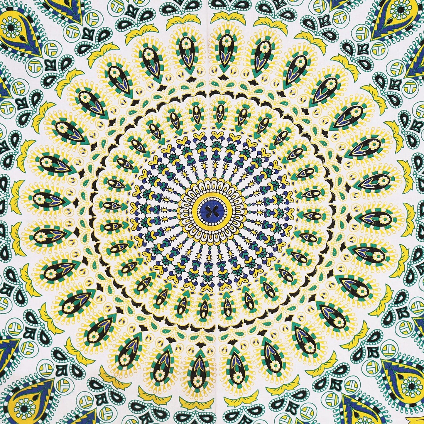 Bless International Handmade Indian hippie Bohemian Psychedelic Peacock Mandala Wall hanging College Dorm Beach Throws Table Cloth Bedding Tapestry (Yellow Green, Twin(54x72Inches)(140x185cms))
