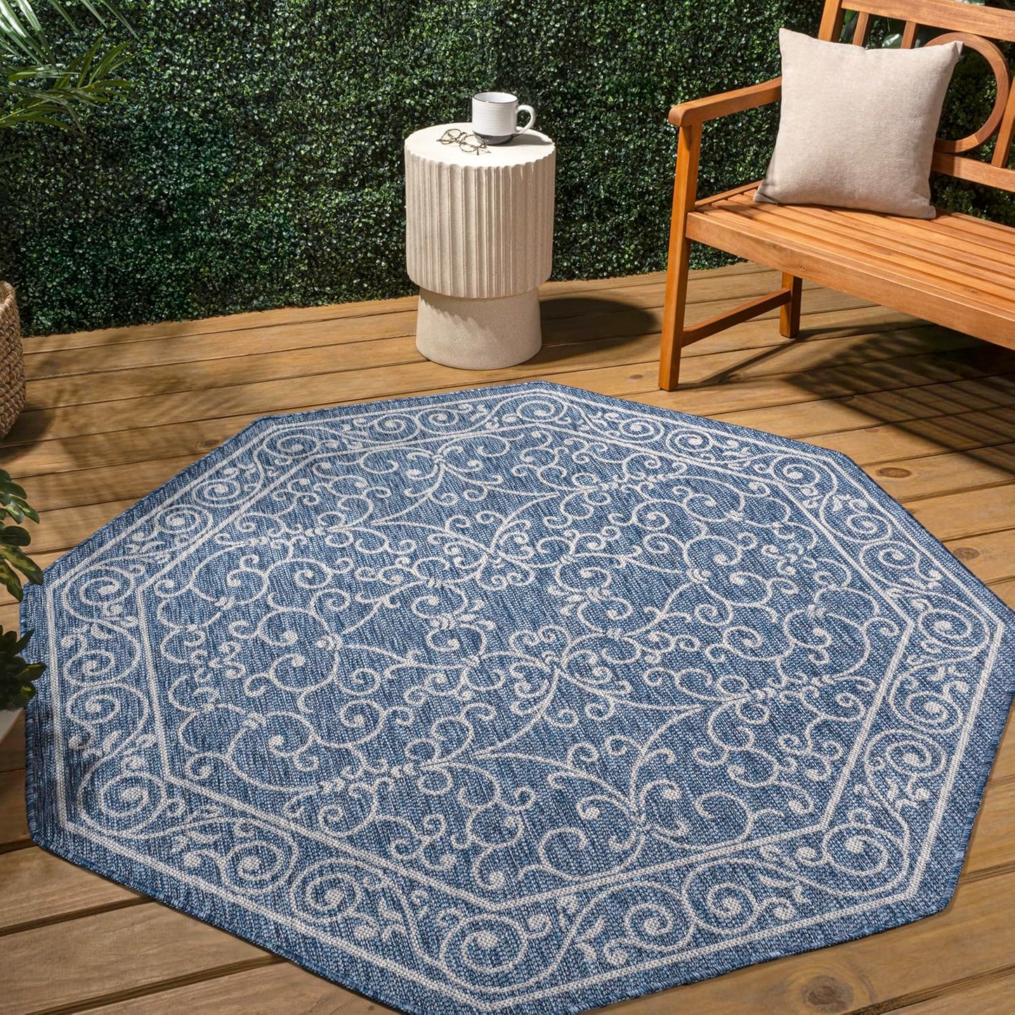 JONATHAN Y Vintage Filigree Indoor Outdoor Octagon Area Rug 8 Ft Navy/Gray, Charleston Textured Weave for Backyard, Patio, Porch, Easy-Cleaning, High Traffic, Pet-Friendly, Non-Shedding (SMB106D-8TGN)