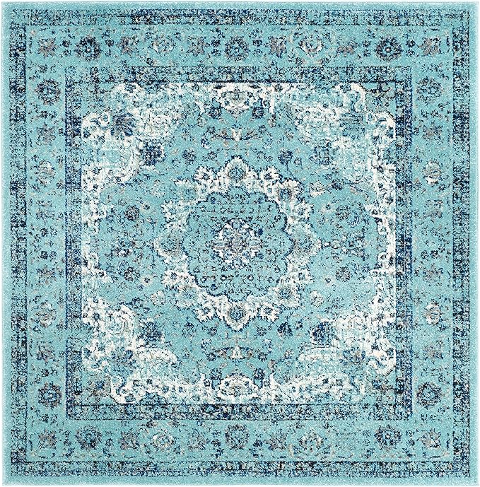 SAFAVIEH Evoke Collection Area Rug - 5'3" Square, Light Blue, Shabby Chic Oriental Medallion Design, Non-Shedding & Easy to Clean, Ideal for Living Room, Bedroom, Dining Space (EVK220E)
