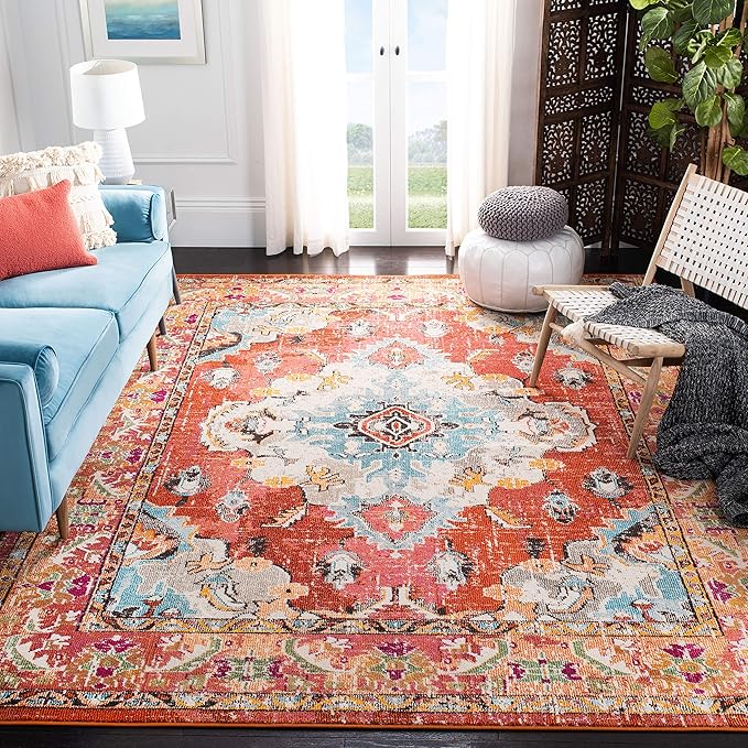 SAFAVIEH Monaco Collection Area Rug - 8' x 10', Orange & Light Blue, Non-Shedding & Easy to Clean, Distressed Medallion Design, Ideal for Living Room, Bedroom, Dining Space (MNC243H)