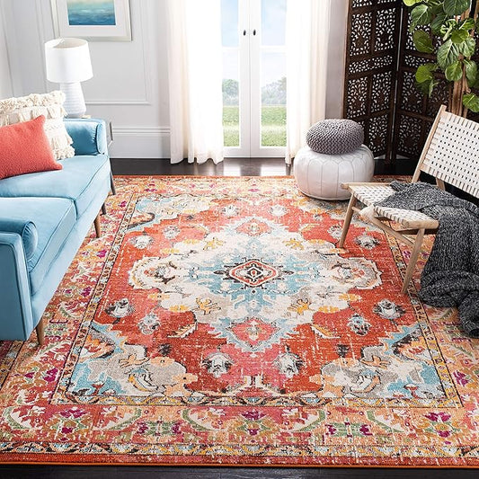SAFAVIEH Monaco Collection Area Rug - 3' x 5', Orange & Light Blue, Non-Shedding & Easy to Clean, Distressed Medallion Design, Ideal for Living Room, Bedroom, Dining Space (MNC243H)