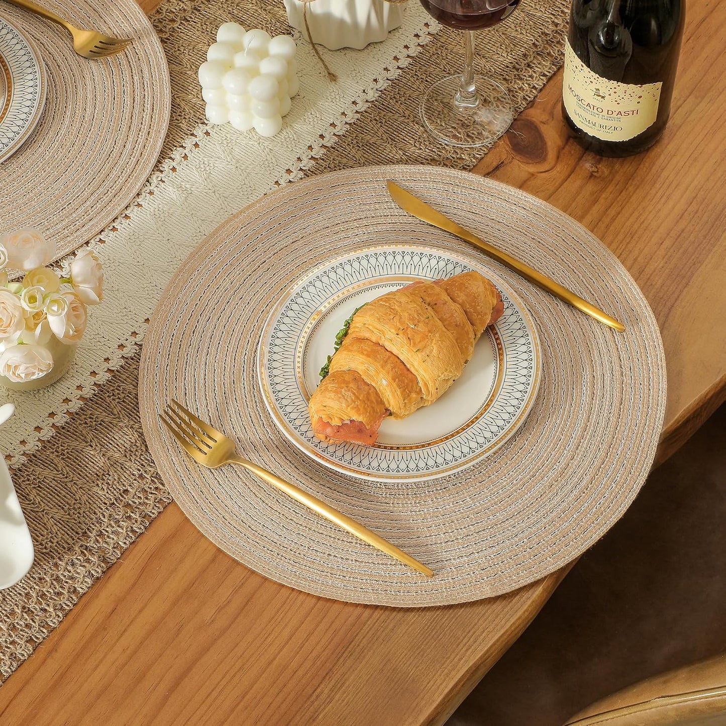 Leetaltree Round Placemats Heat and Slip Resistant Cotton Table Mats, Washable Bohemian Placemats for Dining Tables (Beige, Set of 12)