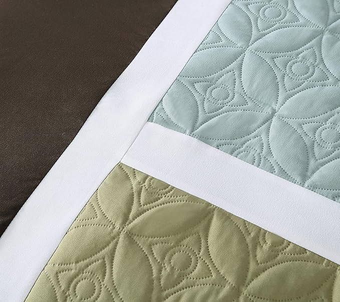 Chezmoi Collection 7-Piece Quilted Patchwork Comforter Set, Coffee Brown/Aqua Blue/Sage Green, Queen