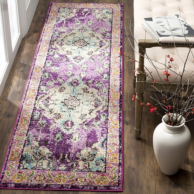 SAFAVIEH Monaco Collection Runner Rug - 2'2" x 8', Violet & Light Blue, Non-Shedding & Easy to Clean, Distressed Medallion Design, Ideal for Hallway, Foyer, Entryway, Kitchen, Bedroom (MNC243L)