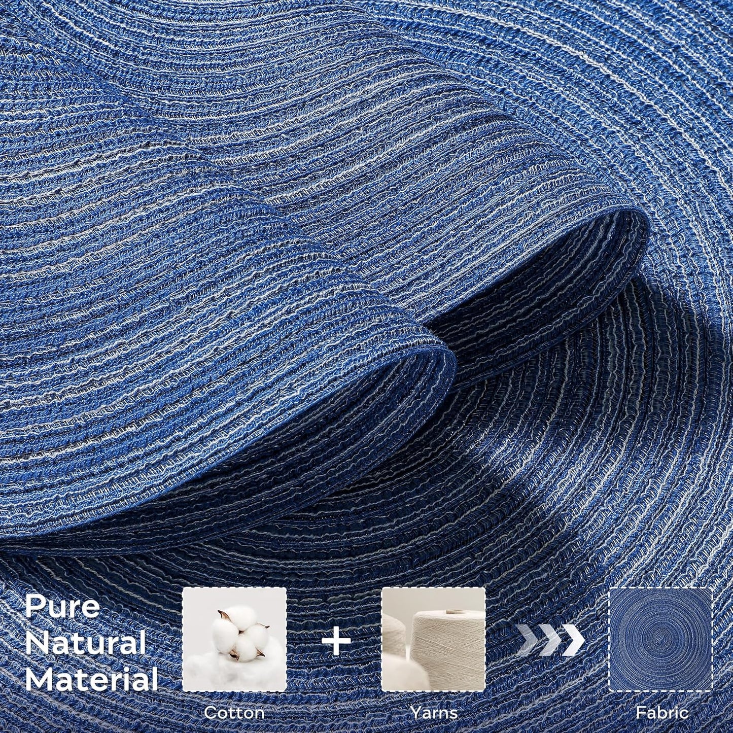 Leetaltree Round Placemats Heat and Slip Resistant Cotton Table Mats, Washable Bohemian Placemats for Dining Tables (Denim Blue, Set of 4)