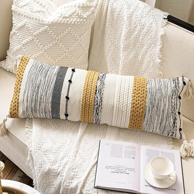 BlissBlush Decorative Lumbar Throw Pillow Cover 14x36 Boho Long Cushion for Bed Yellow Mustard Accent Farmhouse Pillowcase for Bedroom Living Room Couch Sofa Home Décor Cover ONLY