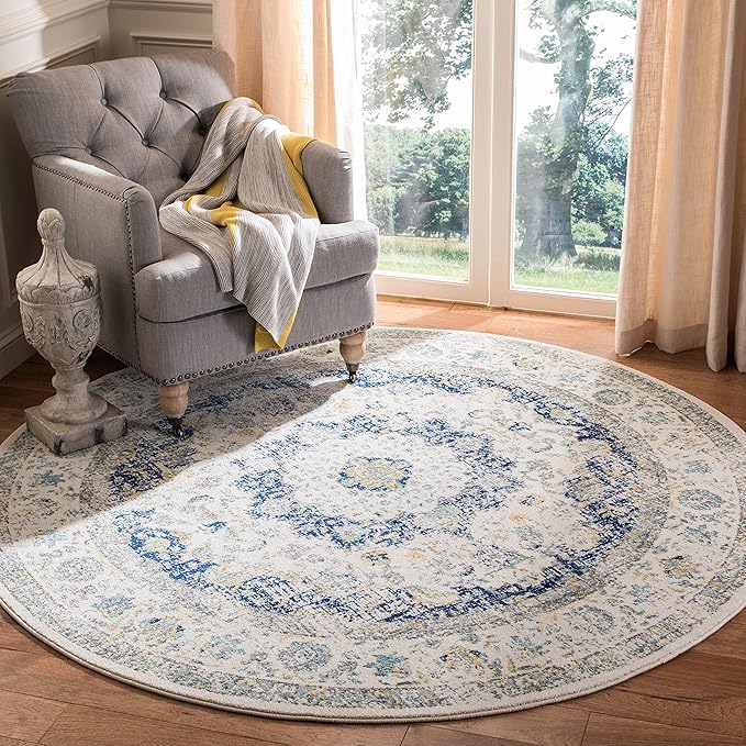 SAFAVIEH Evoke Collection Area Rug - 9' Round, Ivory & Blue, Shabby Chic Oriental Medallion Design, Non-Shedding & Easy to Clean, Ideal for Living Room, Bedroom, Dining Space (EVK220C)