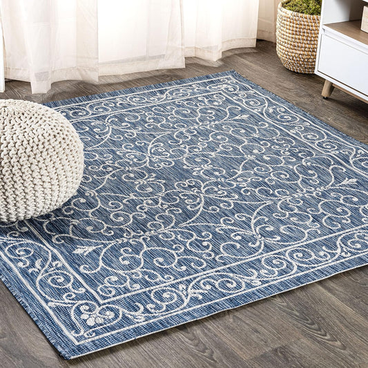 JONATHAN Y Vintage Filigree Indoor Outdoor Square Area Rug 5X5 Navy/Gray, Charleston Textured Weave for Backyard, Patio, Porch, Easy-Cleaning, High Traffic, Pet-Friendly, Non-Shedding (SMB106D-5SQ)