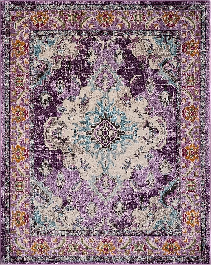 SAFAVIEH Monaco Collection Area Rug - 9' x 12', Violet & Light Blue, Non-Shedding & Easy to Clean, Distressed Medallion Design, Ideal for Living Room, Bedroom, Dining Space (MNC243L)