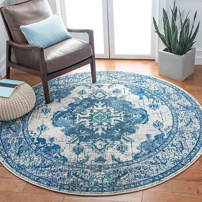 SAFAVIEH Monaco Collection Area Rug - 3' Square, Ivory & Blue, Non-Shedding & Easy to Clean, Distressed Medallion Design, Ideal for Living Room, Bedroom, Dining Space (MNC243A)