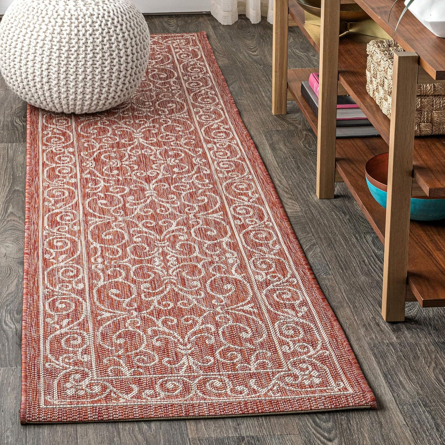 JONATHAN Y Vintage Filigree Indoor Outdoor Runner Rug 2X10 Red/Beige, Charleston Textured Weave for Backyard, Patio, Porch, Easy-Cleaning, High Traffic, Pet-Friendly, Non-Shedding (SMB106B-210)