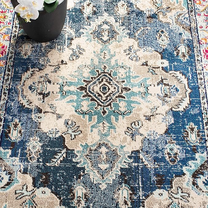 SAFAVIEH Monaco Collection Runner Rug - 2'2" x 8', Navy & Light Blue, Non-Shedding & Easy to Clean, Distressed Medallion Design, Ideal for Hallway, Foyer, Entryway, Kitchen, Bedroom (MNC243N)