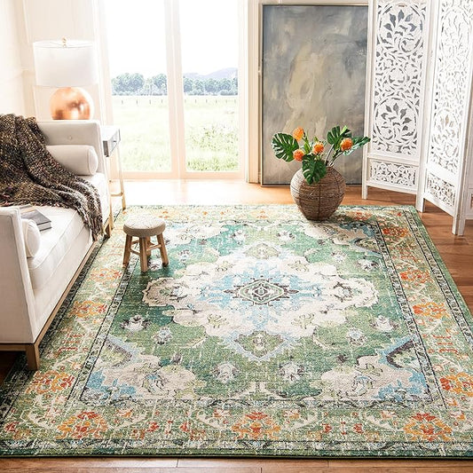 SAFAVIEH Monaco Collection Area Rug - 2' x 18', Forest Green & Light Blue, Non-Shedding & Easy to Clean, Distressed Medallion Design, Ideal for Living Room, Bedroom, Dining Space (MNC243F)