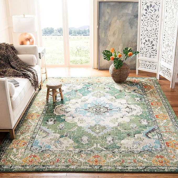 SAFAVIEH Monaco Collection Accent Rug - 2' x 3', Forest Green & Light Blue, Boho Medallion Distressed Design, Non-Shedding & Easy Care, Ideal for High Traffic Areas in Living Room, Bedroom (MNC243F-2)