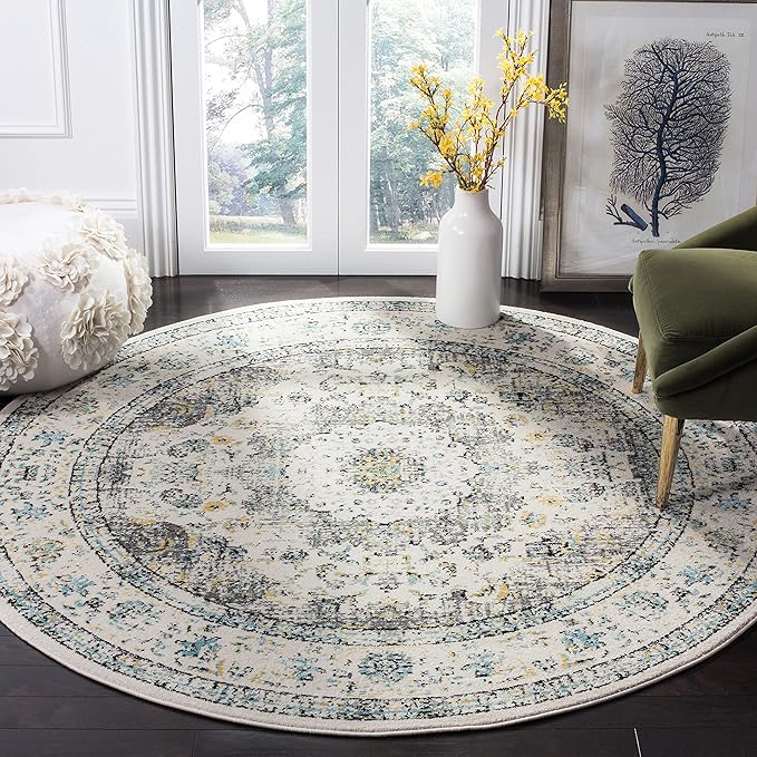 SAFAVIEH Evoke Collection Area Rug - 9' Round, Grey & Gold, Shabby Chic Oriental Medallion Design, Non-Shedding & Easy to Clean, Ideal for Living Room, Bedroom, Dining Space (EVK220B)