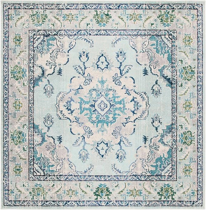 SAFAVIEH Monaco Collection Area Rug - 8' Square, Light Blue & Ivory, Non-Shedding & Easy Care, Ideal for High Traffic Areas in Living Room, Bedroom, Home Office, Dining Space (MNC243K-8SQ)