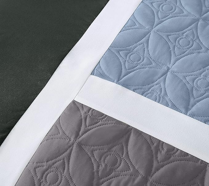 Chezmoi Collection Upland 7-Piece Quilted Patchwork Comforter Set, Gray/Light Blue/Charcoal, King