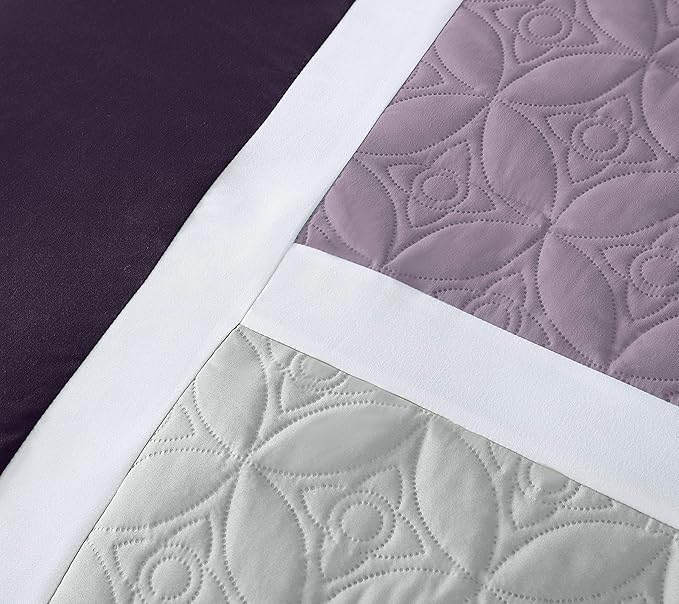 Chezmoi Collection Upland 7-Piece Quilted Patchwork Comforter Set, Lavender/Gray/Purple, King
