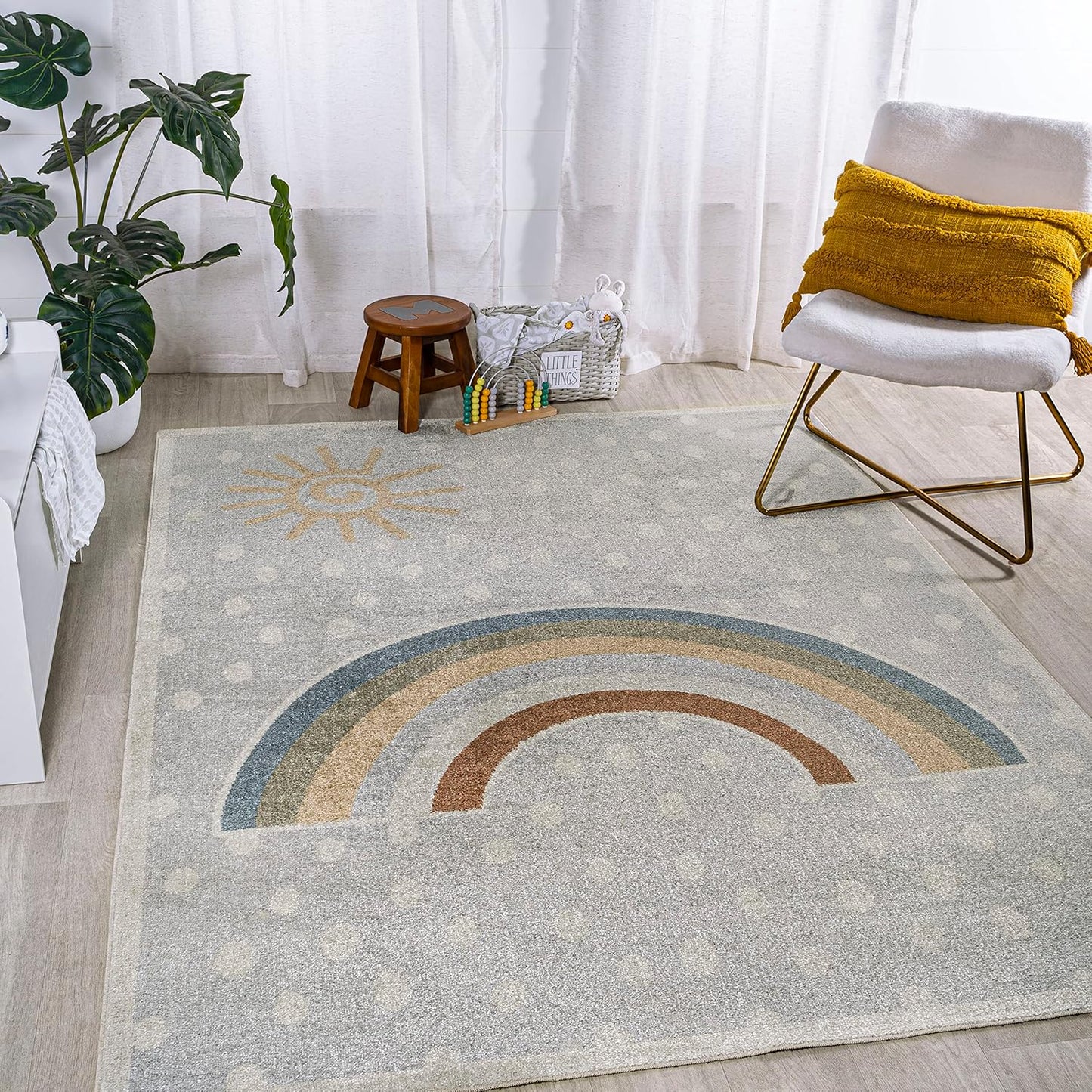 JONATHAN Y Machine-Washable Gray/Ivory/Yellow Indoor Area Rug, 8x10, Minha Rainbow Dots, Kids & Novelty, Casual, Classic, Bedroom, Kitchen, Living Room, Easy-Cleaning, Non-Shedding (KDW102A-8)