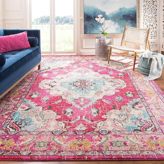 SAFAVIEH Monaco Collection Area Rug - 8' x 10', Pink & Multi, Non-Shedding & Easy to Clean, Distressed Medallion Design, Ideal for Living Room, Bedroom, Dining Space (MNC243D)