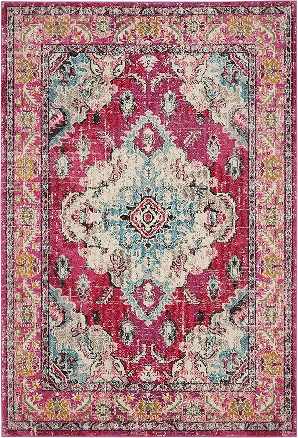 SAFAVIEH Monaco Collection Area Rug - 4' x 5'7", Pink & Multi, Non-Shedding & Easy to Clean, Distressed Medallion Design, Ideal for Living Room, Bedroom, Dining Space (MNC243D)