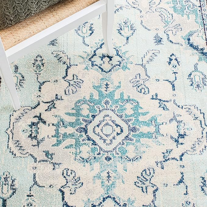 SAFAVIEH Monaco Collection Area Rug - 8' Square, Light Blue & Ivory, Non-Shedding & Easy Care, Ideal for High Traffic Areas in Living Room, Bedroom, Home Office, Dining Space (MNC243K-8SQ)