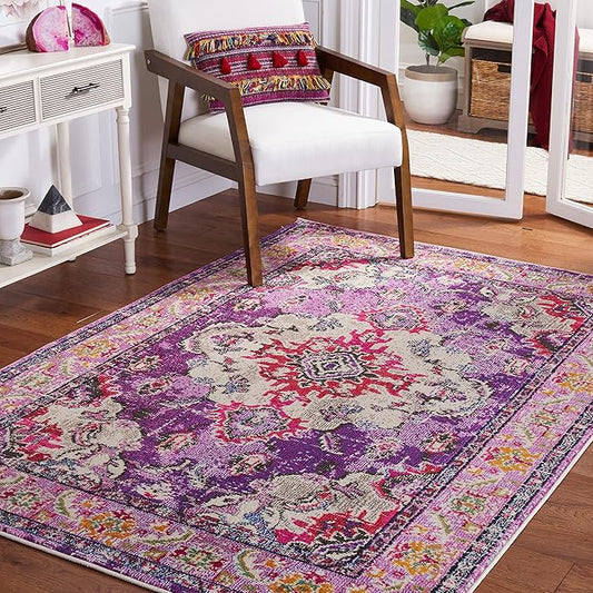 SAFAVIEH Monaco Collection Area Rug - 5'1" x 7'7", Violet & Fuchsia, Non-Shedding & Easy to Clean, Distressed Medallion Design, Ideal for Living Room, Bedroom, Dining Space (MNC243P)