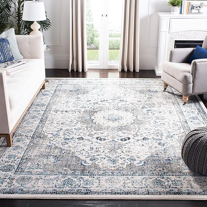 SAFAVIEH Area Rug 8x10 - Evoke Collection - Large - Ivory & Grey, Shabby Chic Oriental Medallion Design, Non-Shedding & Easy to Clean, Ideal for Living Room, Bedroom, Dining Space (EVK220D)
