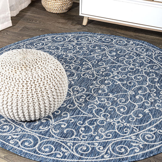 JONATHAN Y Vintage Filigree Indoor Outdoor Round Area Rug 4 Ft Navy/Gray, Charleston Textured Weave for Backyard, Patio, Porch, Easy-Cleaning, High Traffic, Pet-Friendly, Non-Shedding (SMB106D-4R)