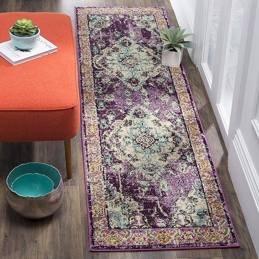SAFAVIEH Monaco Collection Runner Rug - 2'2" x 12', Violet & Light Blue, Non-Shedding & Easy to Clean, Distressed Medallion Design, Ideal for Hallway, Foyer, Entryway, Kitchen, Bedroom (MNC243L)