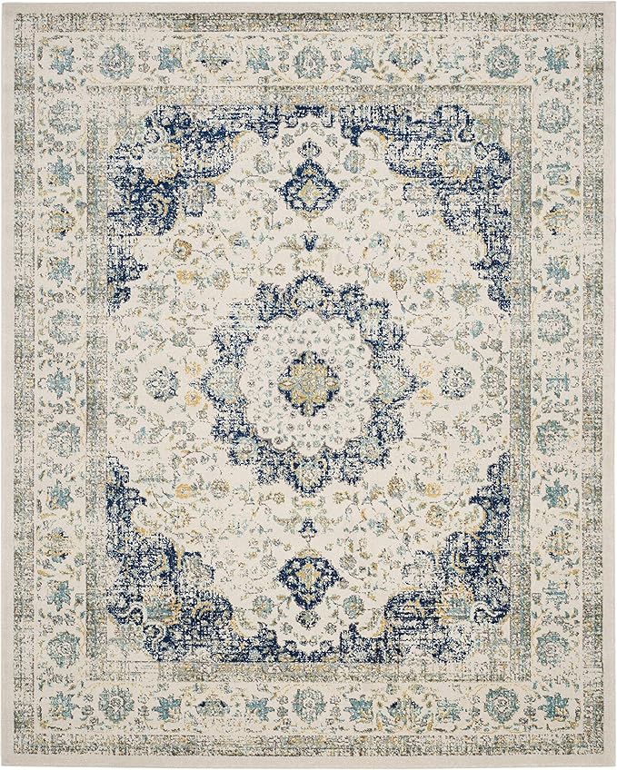 SAFAVIEH Area Rug 8x10 - Evoke Collection - Large - Ivory & Blue, Shabby Chic Oriental Medallion Design, Non-Shedding & Easy to Clean, Ideal for Living Room, Bedroom, Dining Space (EVK220C)