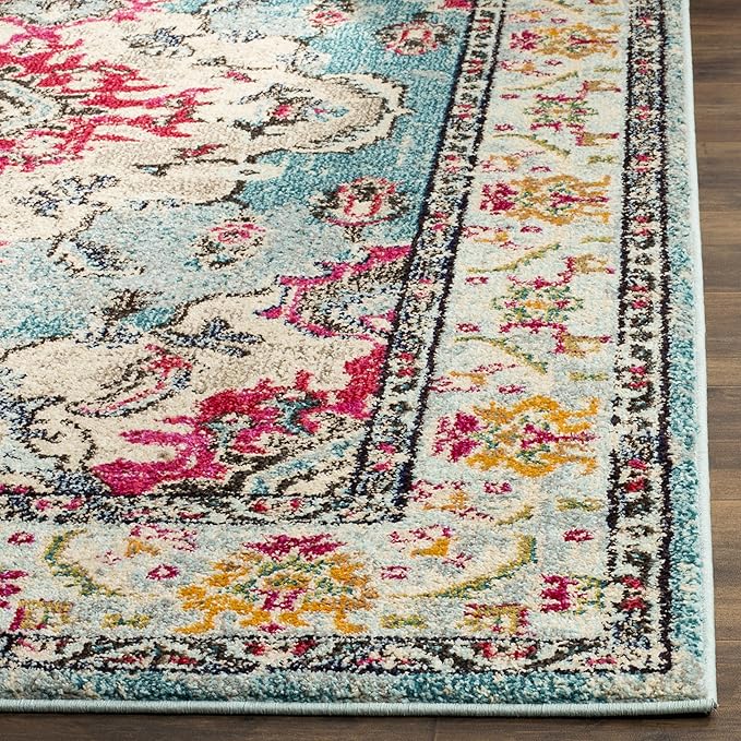 SAFAVIEH Monaco Collection Runner Rug - 2'2" x 16', Light Blue & Fuchsia, Non-Shedding & Easy to Clean, Distressed Medallion Design, Ideal for Hallway, Foyer, Entryway, Kitchen, Bedroom (MNC243J)