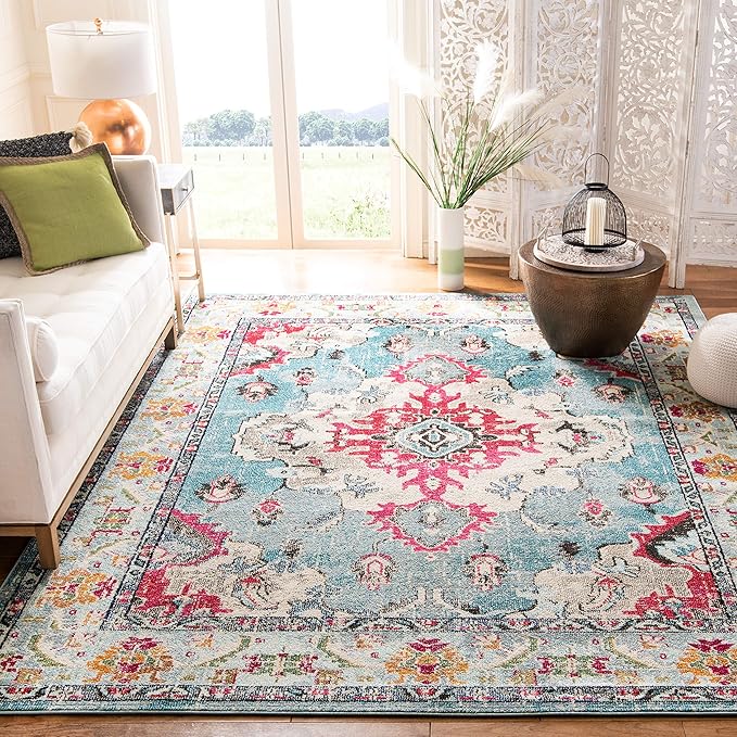 SAFAVIEH Monaco Collection Area Rug - 3' x 5', Light Blue & Fuchsia, Non-Shedding & Easy to Clean, Distressed Medallion Design, Ideal for Living Room, Bedroom, Dining Space (MNC243J)