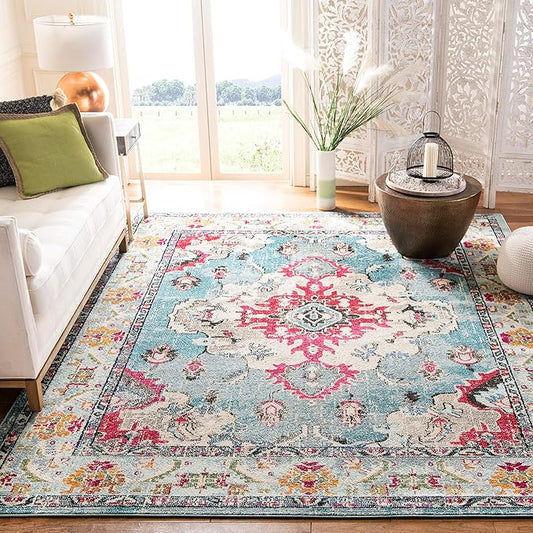 SAFAVIEH Monaco Collection Area Rug - 2'2" x 4', Light Blue & Fuchsia, Non-Shedding & Easy to Clean, Distressed Medallion Design, Ideal for Front Door, Kitchen, Entryway, Accent Space (MNC243J)