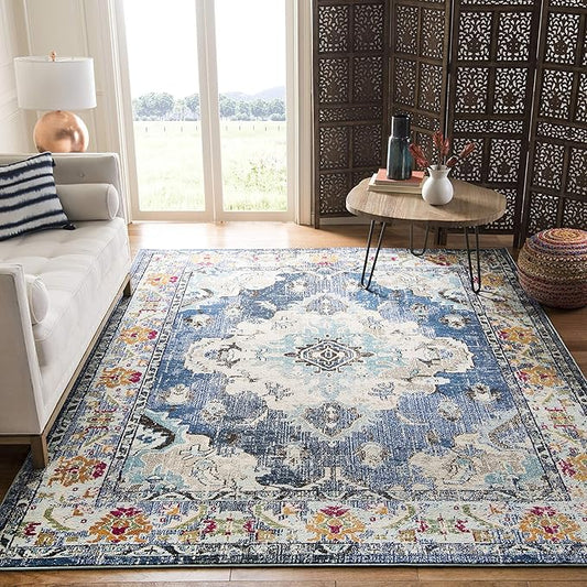 SAFAVIEH Monaco Collection Area Rug - 12' x 18', Navy & Light Blue, Non-Shedding & Easy to Clean, Distressed Medallion Design, Ideal for Living Room, Bedroom, Dining Space (MNC243N)