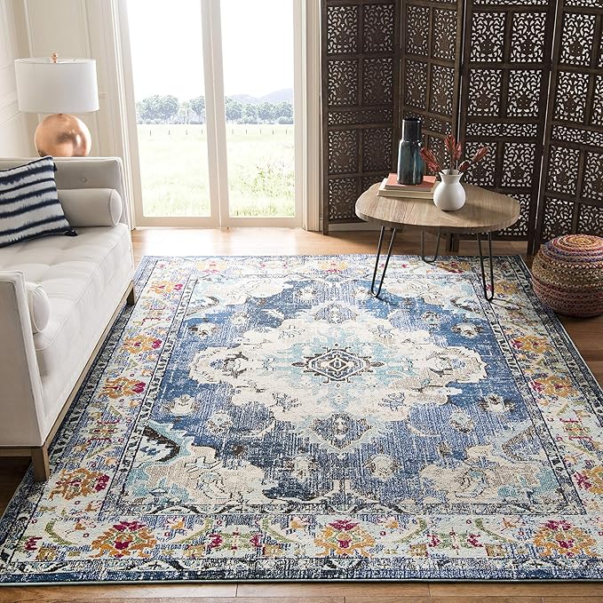 SAFAVIEH Monaco Collection Area Rug - 11' x 15', Navy & Light Blue, Non-Shedding & Easy to Clean, Distressed Medallion Design, Ideal for Living Room, Bedroom, Dining Space (MNC243N)