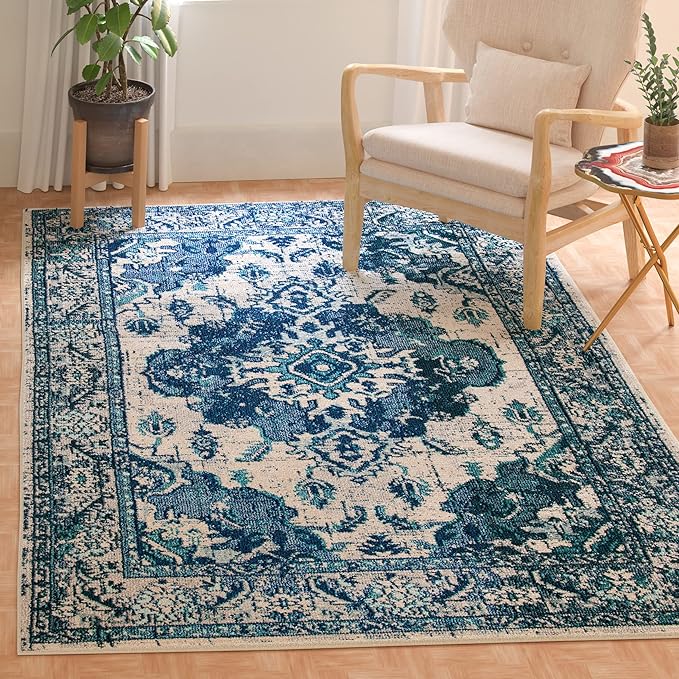 SAFAVIEH Monaco Collection Area Rug - 4' x 5'7", Ivory & Blue, Non-Shedding & Easy to Clean, Distressed Medallion Design, Ideal for Living Room, Bedroom, Dining Space (MNC243A)