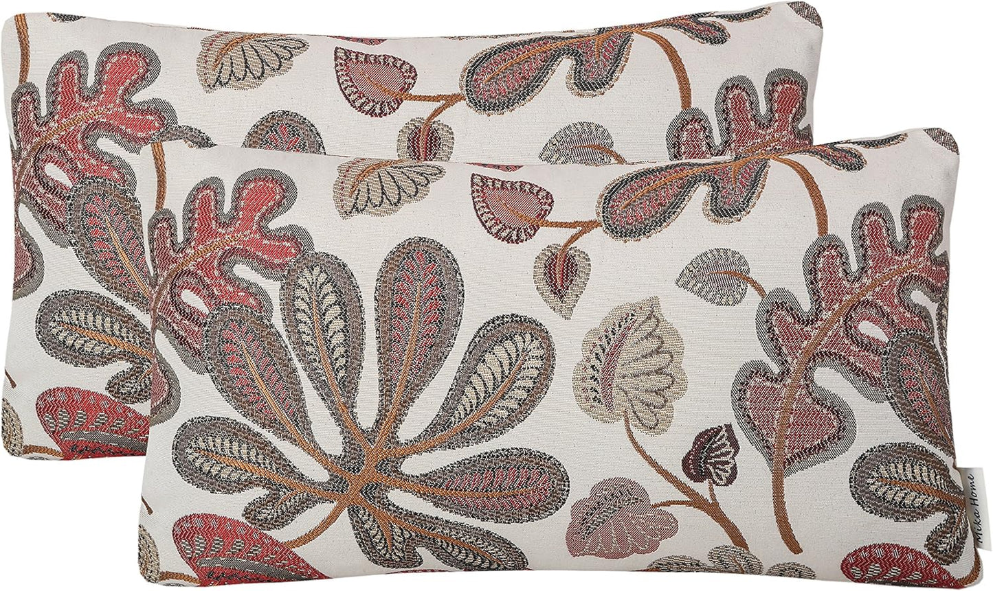 Set of 2 Jacquard Tropical Leaf Pattern Oblong Throw Pillow Covers Accent Pillowcase 12X20 Inches,Coral Cream