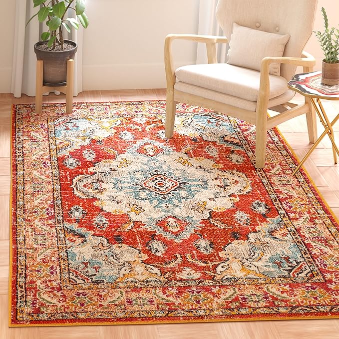 SAFAVIEH Monaco Collection Area Rug - 8' Round, Orange & Light Blue, Boho Chic Medallion Distressed Design, Non-Shedding & Easy Care, Ideal for High Traffic Areas in Living Room, Bedroom (MNC243H)