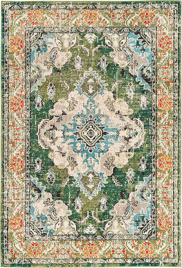 SAFAVIEH Monaco Collection Area Rug - 5'1" x 7'7", Forest Green & Light Blue, Non-Shedding & Easy to Clean, Distressed Medallion Design, Ideal for Living Room, Bedroom, Dining Space (MNC243F)